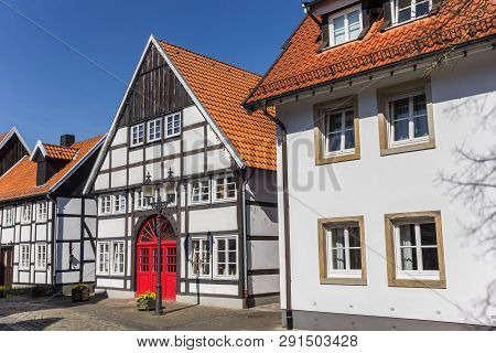 Street With Old Half Timbered Houses In Rheda, Germany