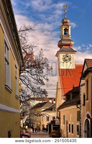 Moedling, Austria - December 28, 2018. Historical Center Of The Town Of Moedling During Christmas Ti