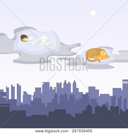 Lavander Girl And Her Dog Is Sleeping On The Pillows Flying Under Perple Night Moonlight City