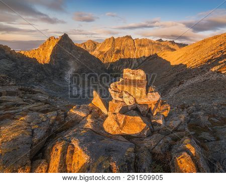Mountains Landscape With Rocks In Foregroumd At Sunrise As Seen From Sedlo Vaha Under Rysy Peak In H