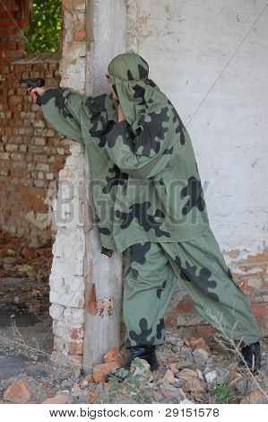 KIEV, UKRAINE - SEPT 19, : Member of a history club wear historical Soviet  uniforms as she participates in a WWII reenactment.Buttle for Kiev in 1943. September 19 , 2009 in Kiev, Ukraine