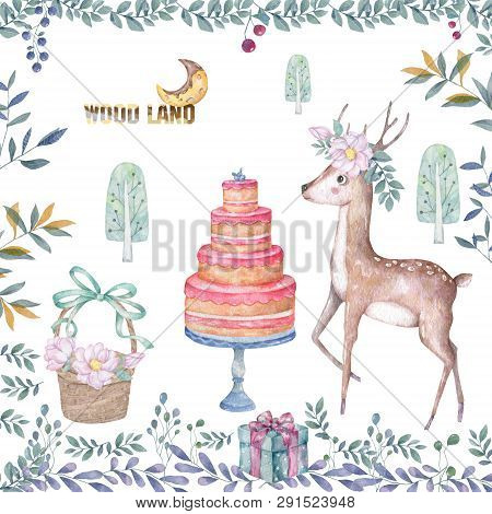Cute Baby Deer With Tasty Cake Animal Isolated Illustration For Children. Bohemian Watercolor Boho F
