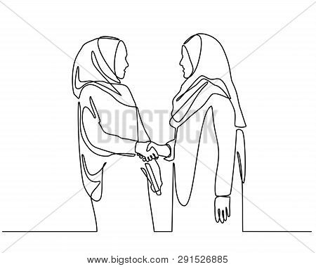 Continuous Line Drawing Of Two Muslim Women Chatting And Shaking Hands. Meeting Two Women And Shake 