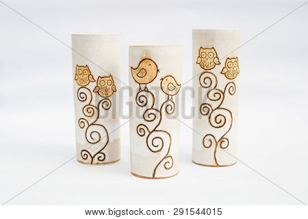Three Ceramic Stoneware Vases With White Background