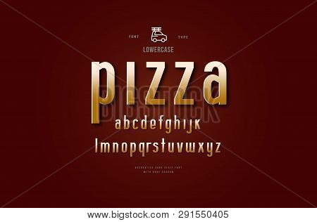 Stock Vector Golden Colored Narrow Sans Serif Font. Lowercase Letters For Logo And Title Design