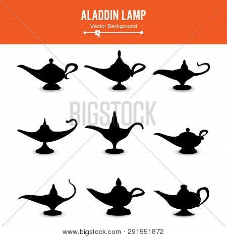 Aladdin Lamp . Set Icons Aladdins Lamp Signs. Illustration Of Wish And Mystery Souvenir