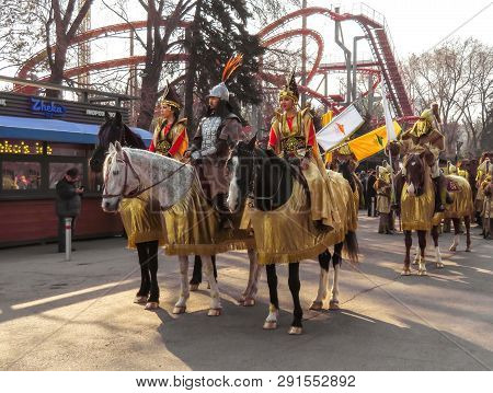 Almaty, Kazakhstan - March 21, 2019: Local People On The Horses At National Folkloric Show Nauryz In