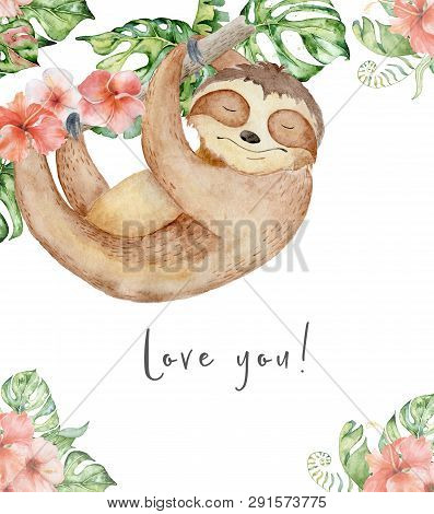 Sloth Bear Watercolor Hand Drawn Illustration With Tropical Leaves And Flowers