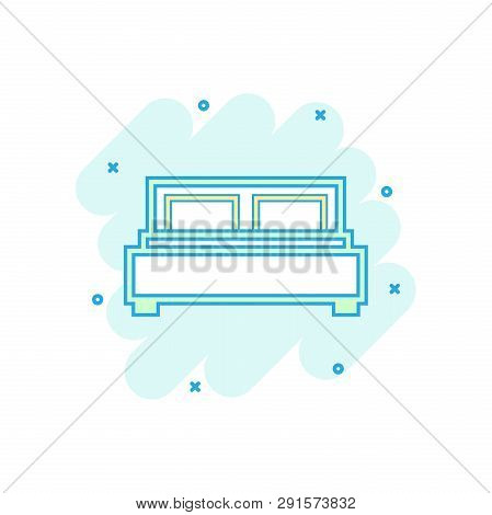 Vector Cartoon Bed Icon In Comic Style. Bedroom Sign Illustration Pictogram. Bed Business Splash Eff