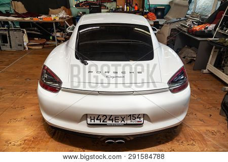 Novosibirsk, Russia - 08.01.18: Rear View Of Luxury Very Expensive New White Porsche Cayman Coupe Sp