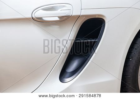 Novosibirsk, Russia - 08.01.18: Side Air Duct Of Luxury Very Expensive New White Porsche Cayman Coup