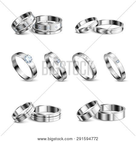 White Gold Platina Noble Metals Wedding Rings 6 Realistic Isolated Sets Jewelry Shadow Neutral Backg