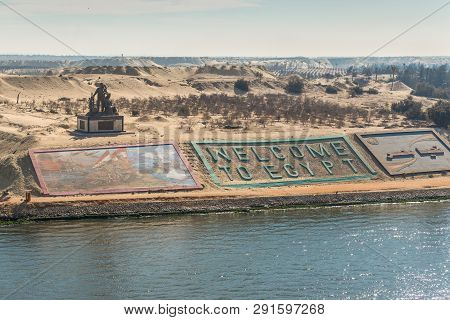 Ismailia, Egypt - November 5, 2017: Suez Canal Authority Monument And Gigantic Letters Saying 