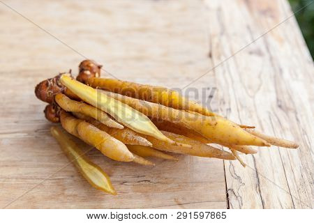 Fingerroots On Wooden Table. Organic Vegetable Background.
