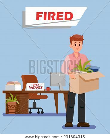 Office Worker Got Fired Flat Vector Illustration. Employer Lost Job. Man With Box Of Belongings. Ups