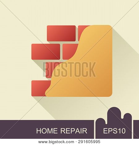 Brick Wall With Plaster Or Plastering Icon. Construction, Repair And Finishing Works, Vector Design