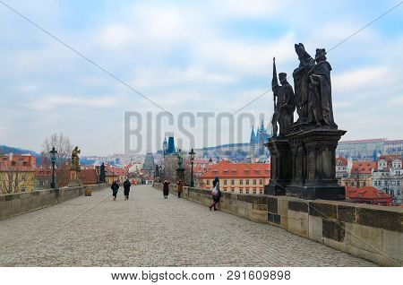Prague, Czech Republic - January 22, 2019: Sculptural Compositions Of Charles Bridge. Saints Norbert