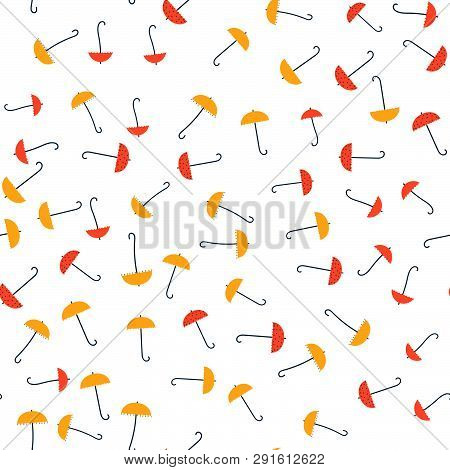 Umbrellas - Seamless Pattern. Small Red, Orange Umbrellas. Drawing In Retro Style. Background Or Tex