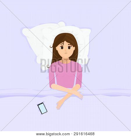 Vector Illustration In Flat Cartoon Style With Sad Sleepless Woman  In Bed With Open Eyes Lying In B