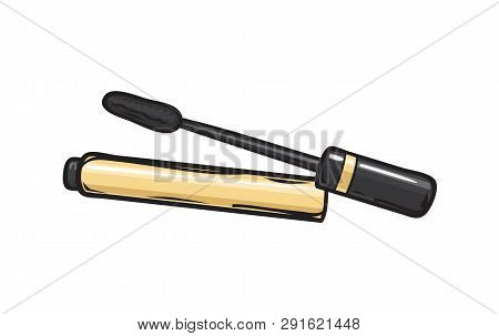 Black Mascara In Open Gold Tube With Brush Beside Isolated On Background. Eyes Liquid Appliance To M