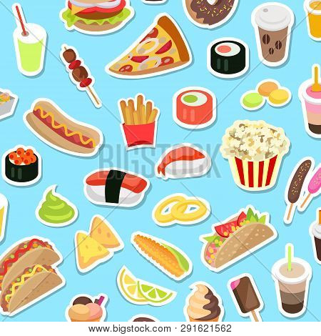 Fast And Junk Kinds Of Food Scattered On Blue Background. Vector Poster Of Pizza Pieces, Round Sushi