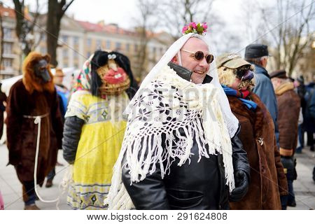 Vilnius, Lithuania - February 25, 2017: Hundreds Of People Celebrating Uzgavenes, A Lithuanian Annua