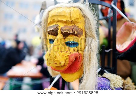 Wooden Maks Weared To Celebrate Uzgavenes, A Lithuanian Annual Folk Festival Taking Place Several We