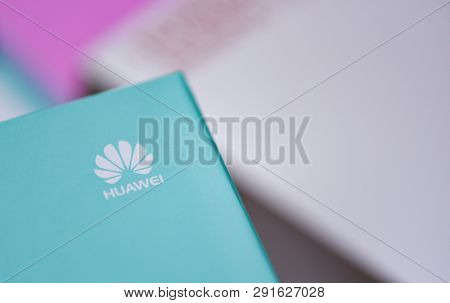 Bangkok, Thailand - January 28, 2019 : New Package Box Huawei Smartphone With White Huawei Logo On T