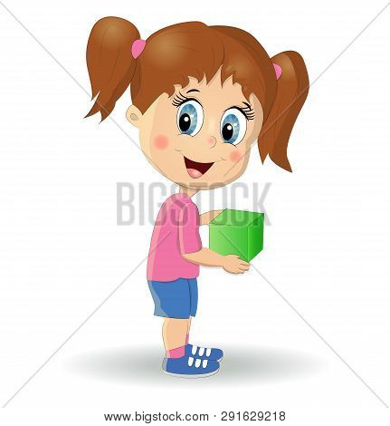 Multiracial Children Build Tower With Blocks. Kids Play Using Kit With Bright Colored Cubes. Montess