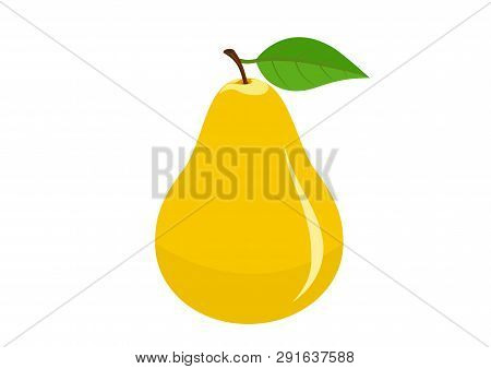 Yellow Ripe Pear With Leaf. Isolated Vector Image Of Natural Organic Fruit