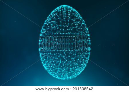 Abstract Blue Easter Eggs Consisting Of Blue Lines And Glowing Neon Dots. Abstract Egg Triangle Shap