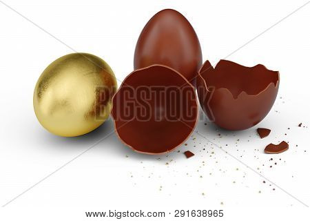 Gold Luxury Egg And Chocolate Easter Egg. Broken, Cracked Chocolate Egg. Sweet Chocolate Eggs, Holid