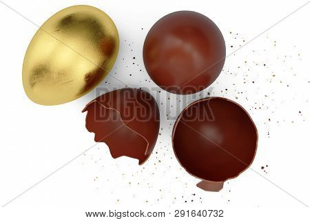 Gold Luxury Egg And Chocolate Easter Egg. Broken, Cracked Chocolate Egg. Sweet Chocolate Eggs, Holid
