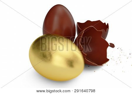 Gold Luxury Egg And Chocolate Easter Egg. Broken, Cracked Chocolate Egg. Sweet Chocolate Eggs, Holid