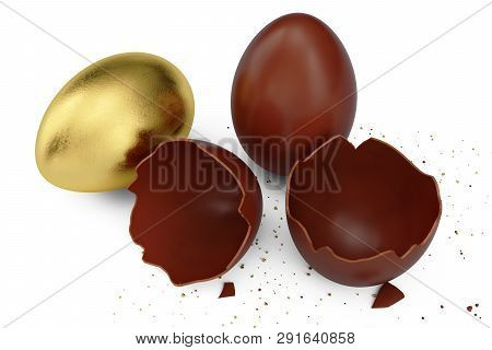 Gold Luxury Egg And Chocolate Easter Egg. Broken, Cracked Chocolate Egg. Sweet Chocolate Eggs, Holid