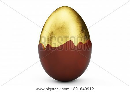Golden Luxury Egg Covered With Chocolate. Easter Egg. Broken, Cracked Chocolate Egg. Sweet Chocolate