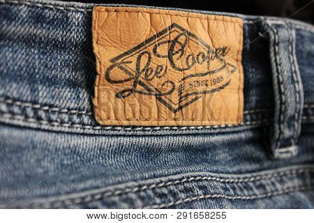 Moscow, Russia - March 25, 2019: Lee Cooper Denim Blue Jeans With Leather Tag. Lee Cooper Is English