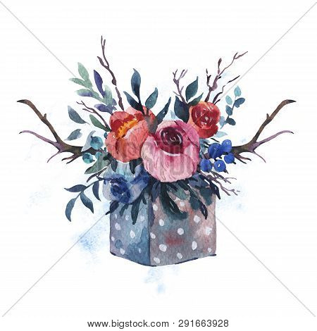 Watercolor Hand Painted  Wooden Box With Flowers, Red Roses, Wil