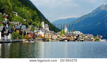 Scenic View Of Hallstatt Lakeside Town In The Austrian Alps In Beautiful Evening Light On Beautiful 