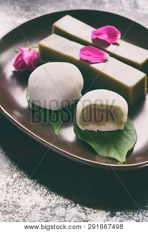 Mix Of Traditional Japanese Sweets - Daifuku Mochi Sweet Paste Anko Wrapped Around With Soft Rice Mo