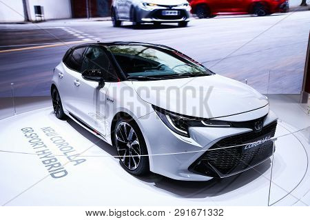 Geneva, Switzerland - March 10, 2019: Motor Car Toyota Corolla Gr Sport Hybrid Presented At The Annu