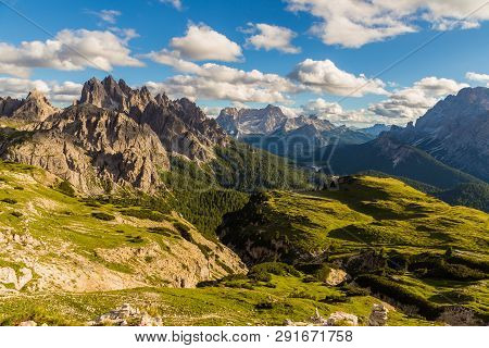 Dolomites Mountain Landscape View From Tre Cimes Lavaredo Loop Trail, South Troy, Italy