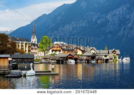 Scenic View Of Hallstatt Lakeside Town In The Austrian Alps In Beautiful Evening Light On Beautiful 