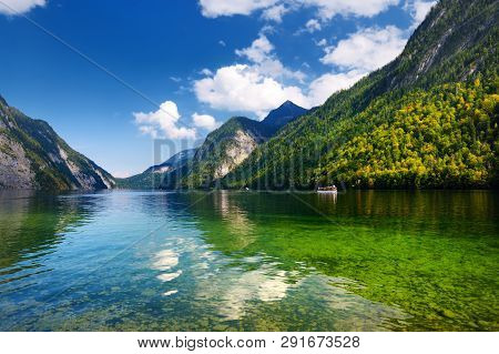 Stunning Deep Green Waters Of Konigssee, Known As Germany's Deepest And Cleanest Lake, Located In Th
