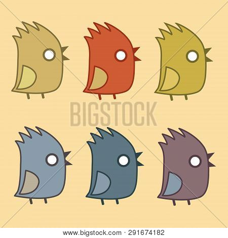 Tufted Birds Flat Icon With Black Contour Set. Funny Chick With Mouth Open Isolated, Vector Illustra