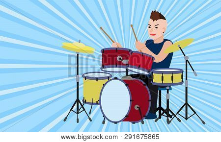 Rock Drummer Concept Banner. Flat Illustration Of Rock Drummer Vector Concept Banner For Web Design