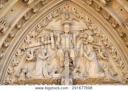 WURZBURG, GERMANY - JULY O4, 2018: The tympanum shows the Last Judgment, portal of the Marienkapelle in Wurzburg, Bavaria, Germany
