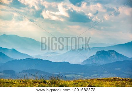View From A Peak Of Rocky Austrian Mountain Schockl In Styria Graz. Place For Tourism And Hiking Rec