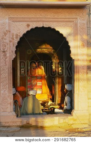 Jamba, India - April 02, 2007: Unidentified Men Perform Morning Religious Ceremony In The Local Comm