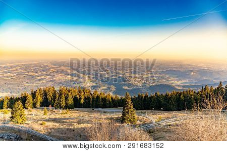 View From A Peak Of Rocky Austrian Mountain Schockl In Styria Graz. Place For Tourism And Hiking Rec